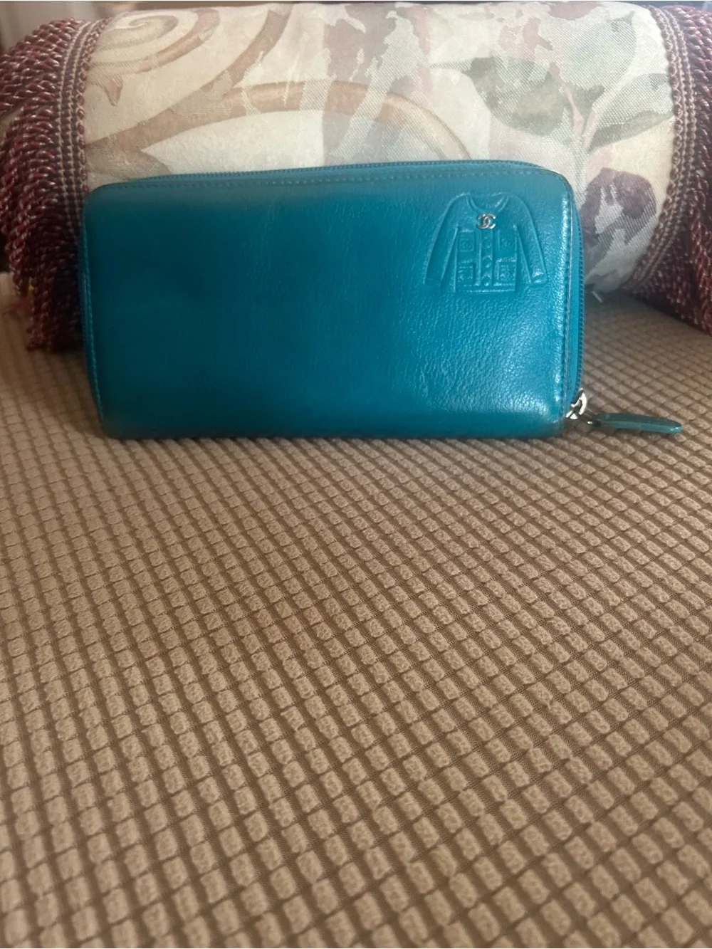 CHANEL Embossed Jacket Goatskin Zip Wallet Turquoise Blue